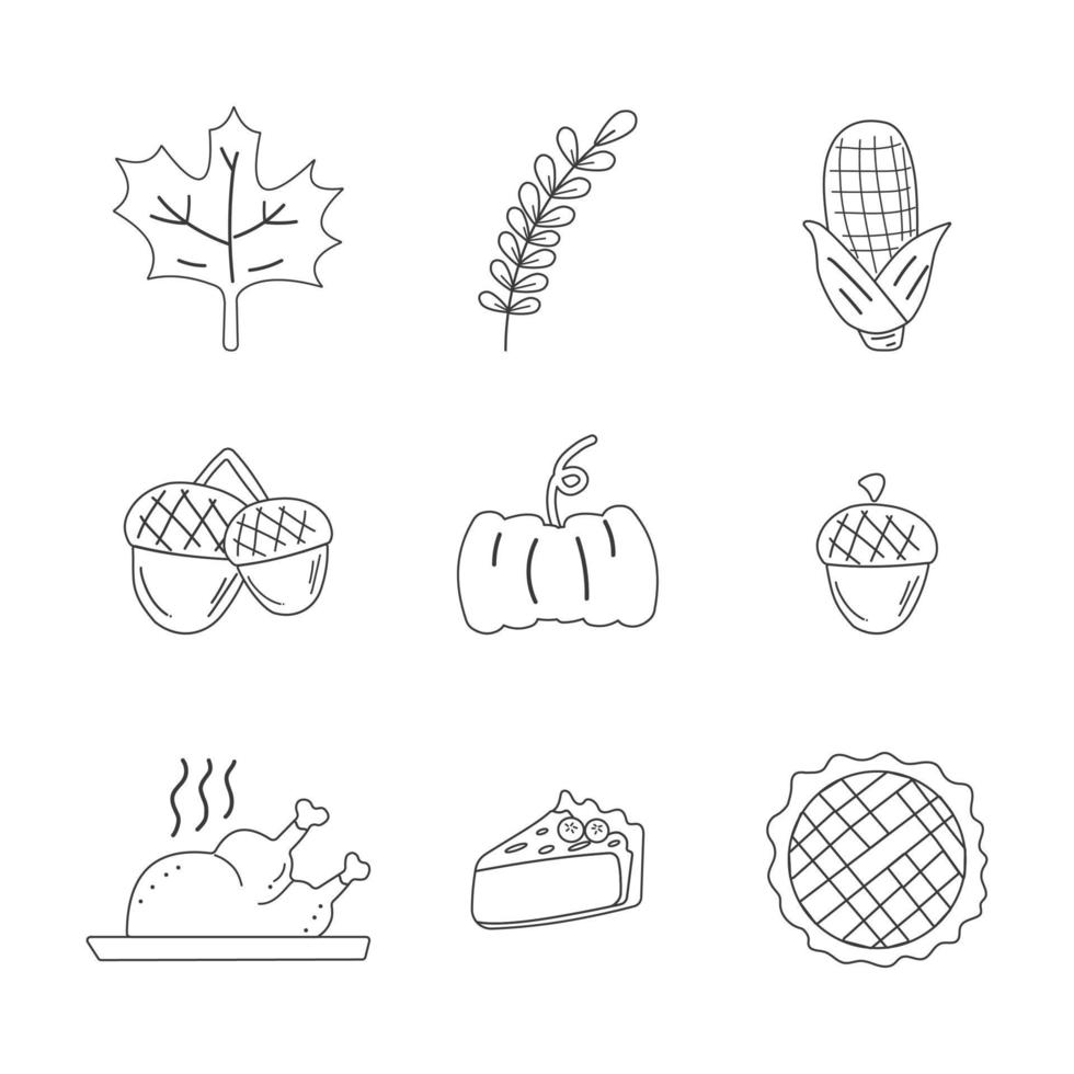 Thanksgiving thin black line icons isolated on the white background. vector