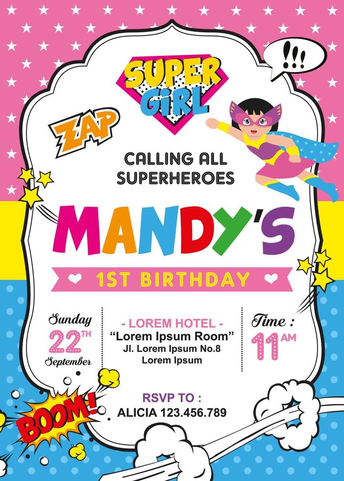 Birthday party invitation card with cute superhero girl vector illustration