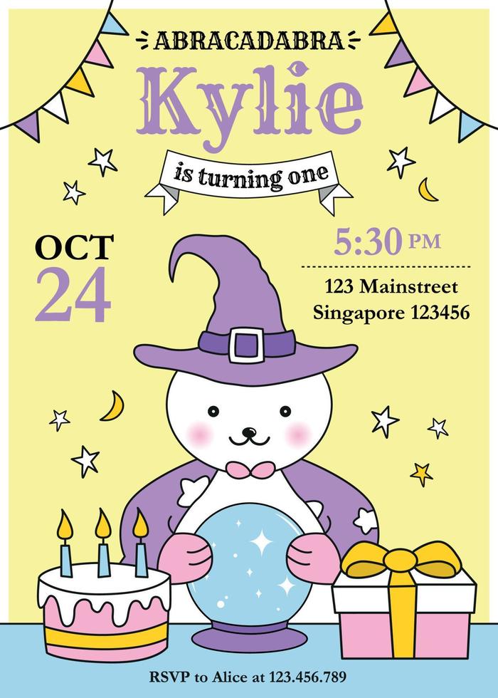 Bear Magician birthday invitation with cute bear in magician hat, birthday cake and gift box vector