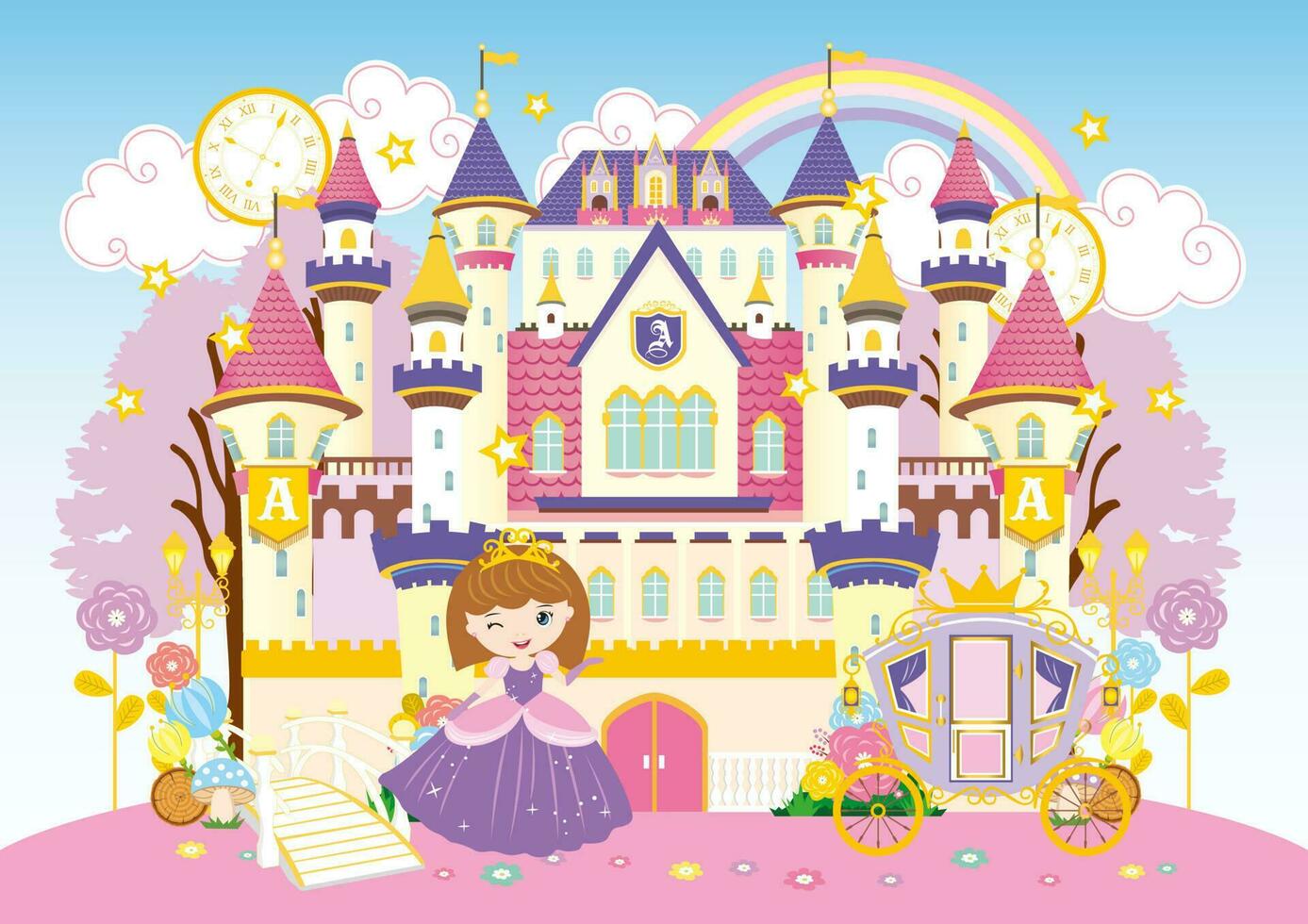 castillo de cuento de hadas y bella princesa vector