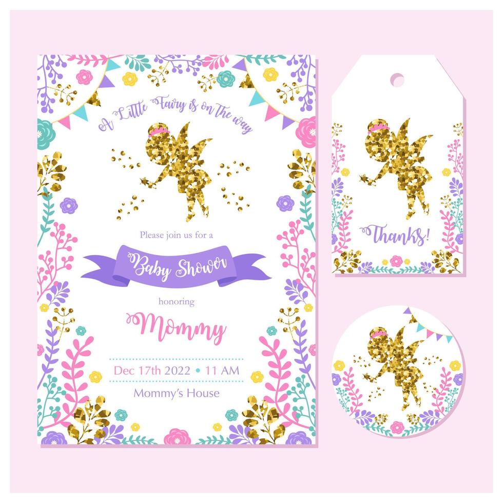 Baby shower invitation set with cute fairy vector