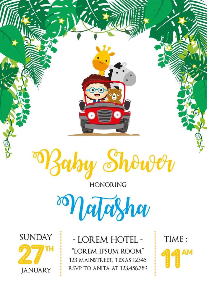 Baby shower invitation with cute boy and friends vector