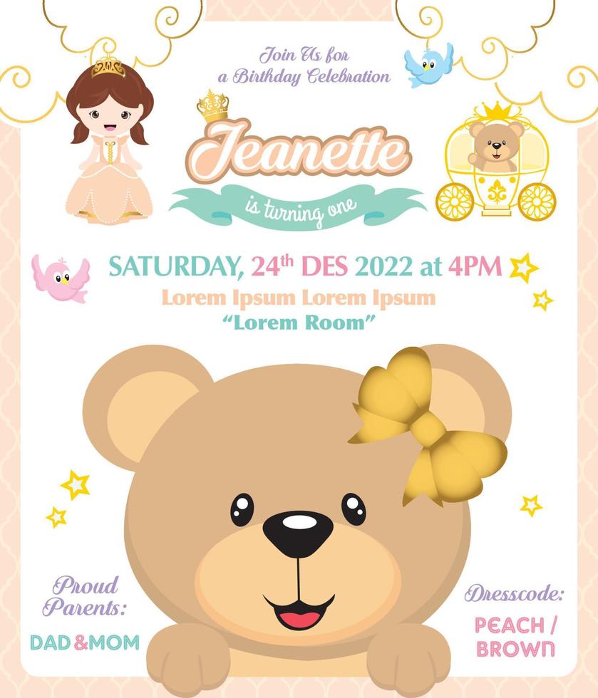 Birthday invitation with cute princess and bear vector