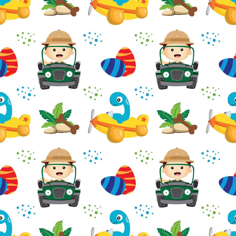 seamless pattern with cute boy and dinosaur cartoon vector