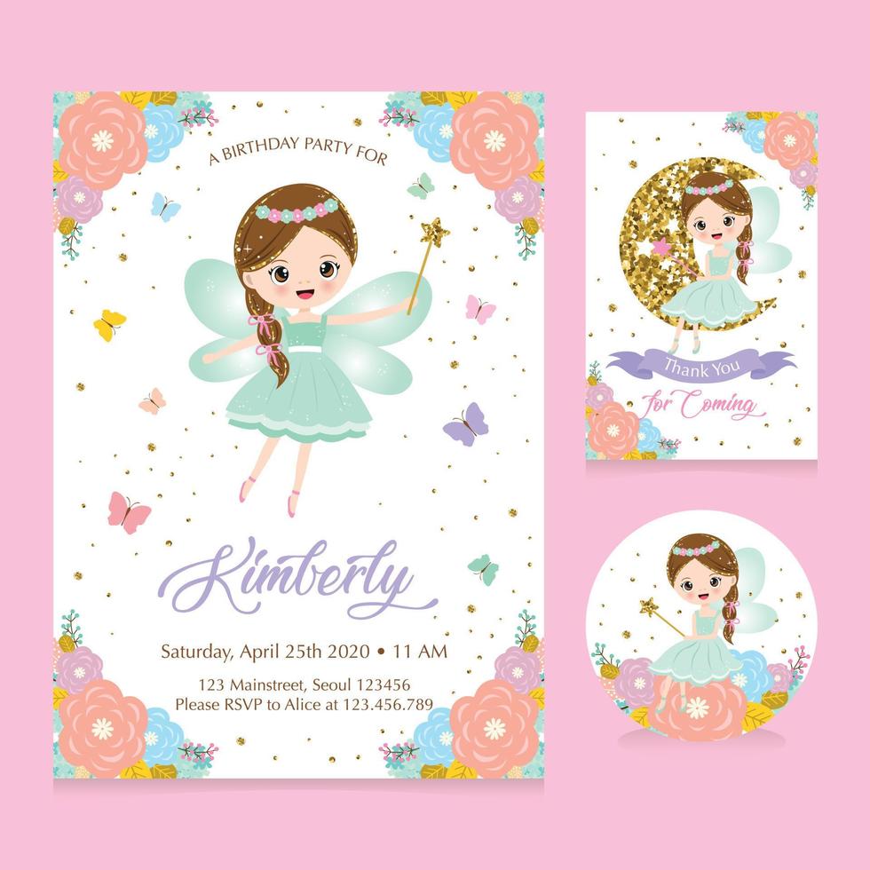 Birthday invitation set with cute fairy vector