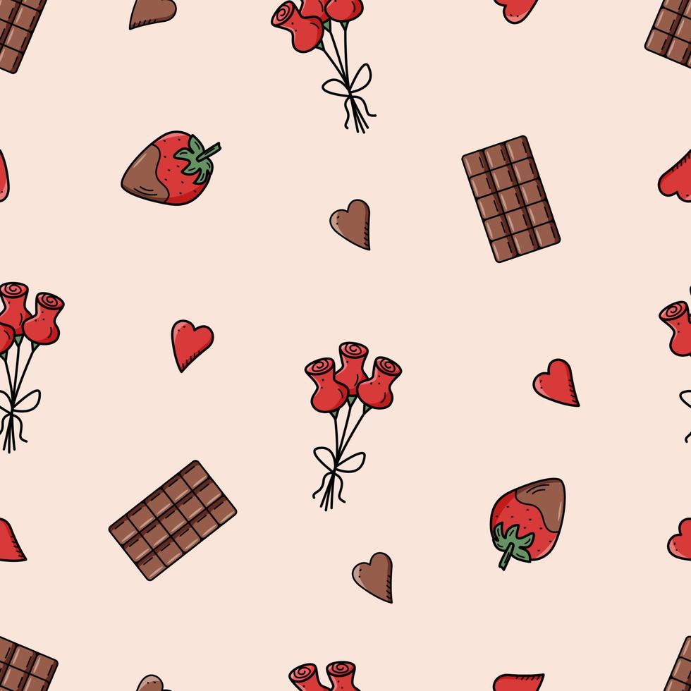 concepto de iconos de patrones sin fisuras del día de san valentín. vector doodle accesorios románticos una barra de chocolate, fresas cubiertas de chocolate, un ramo de flores