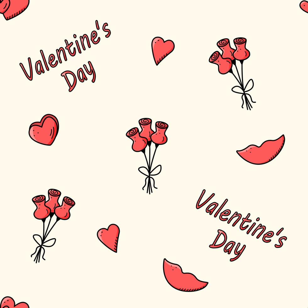 concepto de iconos de patrones sin fisuras del día de san valentín. vector doodle accesorios románticos ramo de flores corazones.