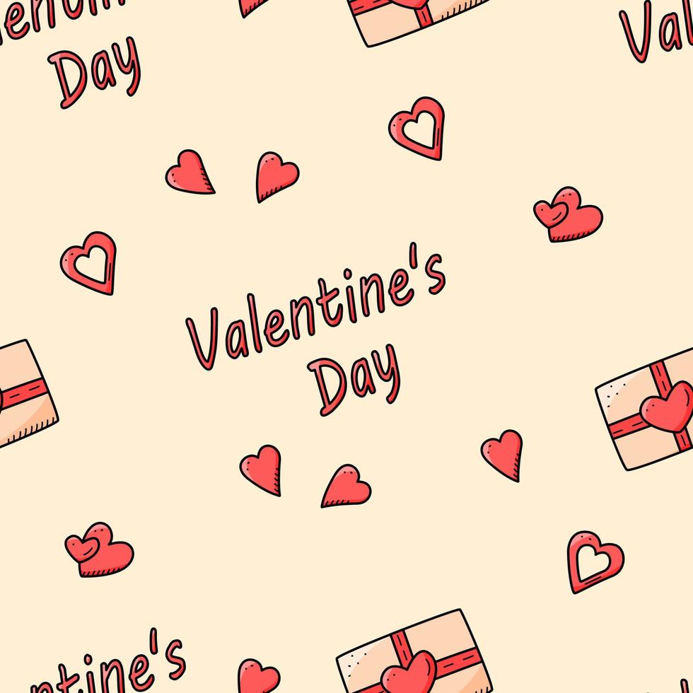 concepto de iconos de patrones sin fisuras del día de san valentín. vector doodle accesorios románticos cajas de regalo y corazones