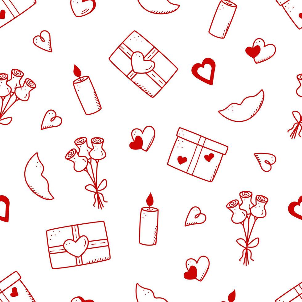 concepto de iconos de patrones sin fisuras del día de san valentín. vector doodle accesorios románticos velas corazones copas de vino, labios de regalo de flores