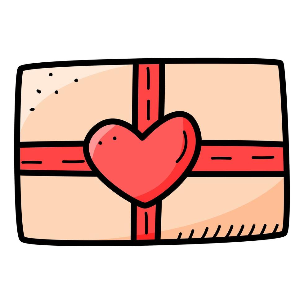 Gift box with hearts, vector doodle illustration. A festive box for a wedding, Valentine's Day.