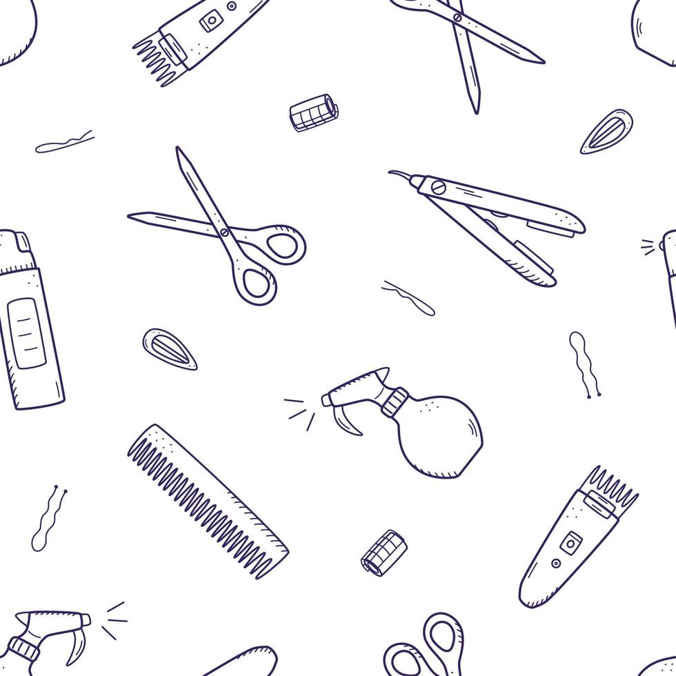 patrón sin costuras de elementos de peluquería. Ilustración de vector de fondo de iconos de garabato, papel tapiz. el concepto de salón de peluquería y salón de belleza