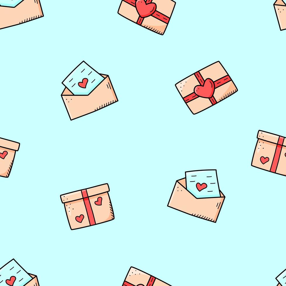 concepto de iconos de patrones sin fisuras del día de san valentín. vector doodle accesorios románticos cajas de regalo y corazones