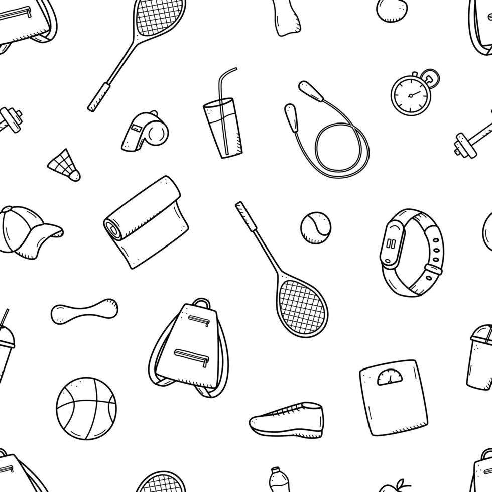 Seamless pattern sports doodle icon set concept. Design elements of a sports invert, a healthy lifestyle. Vector illustration