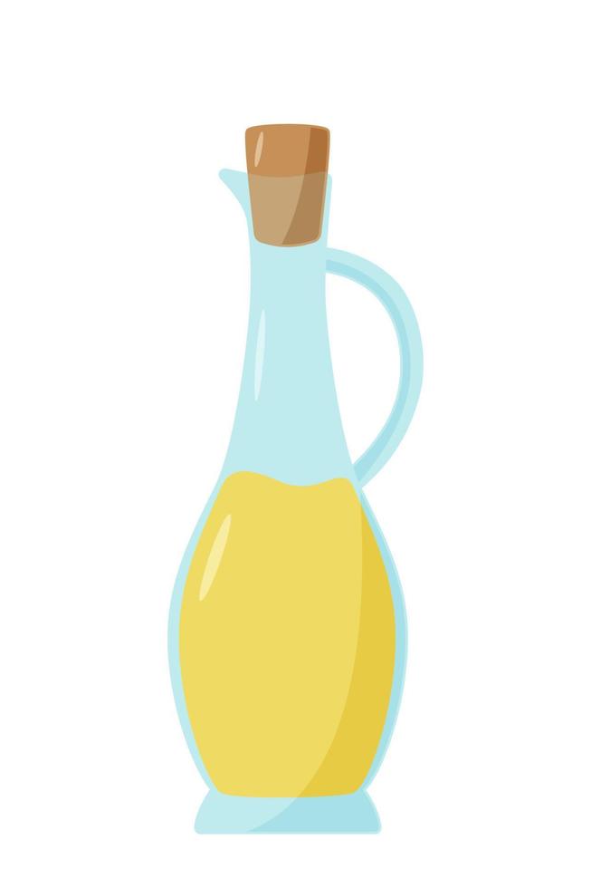 A glass bottle with a wooden stopper, a container for liquid olive or vegetable oil. Vector illustration.