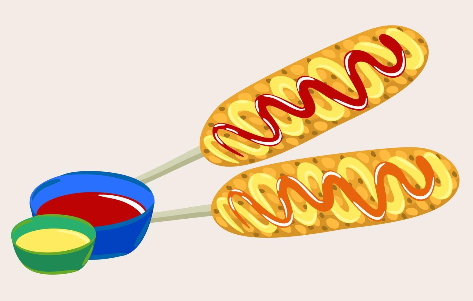 Vector isolated illustration of two corn dogs with sauces.