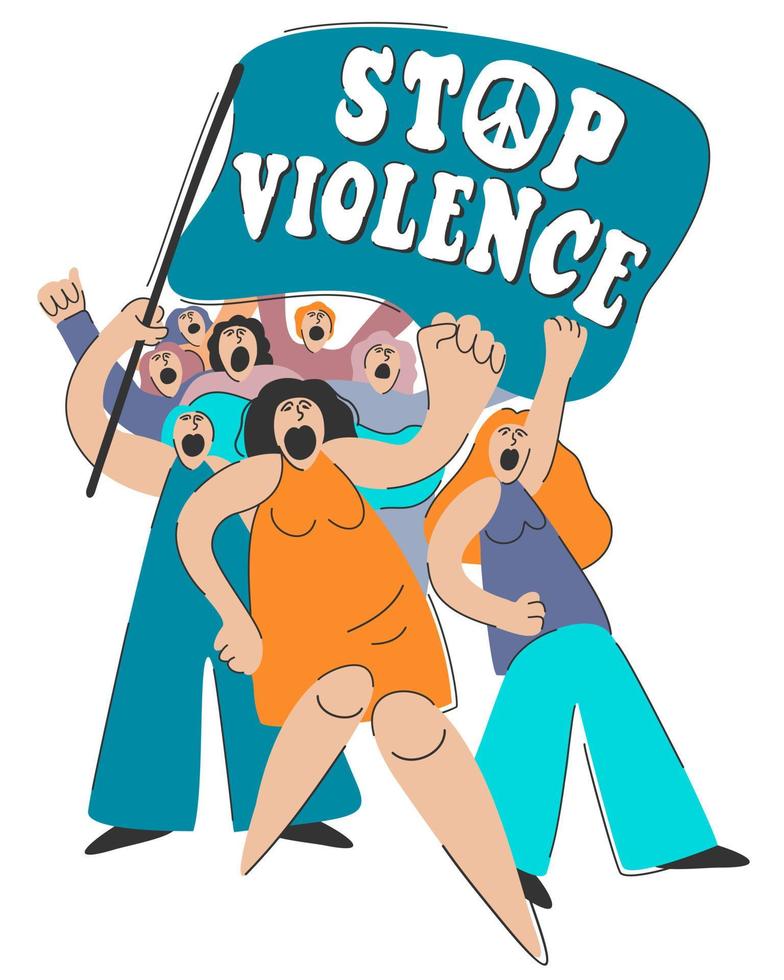 Vector isolated illustration of protesting crowd with a flag. Stop violence.