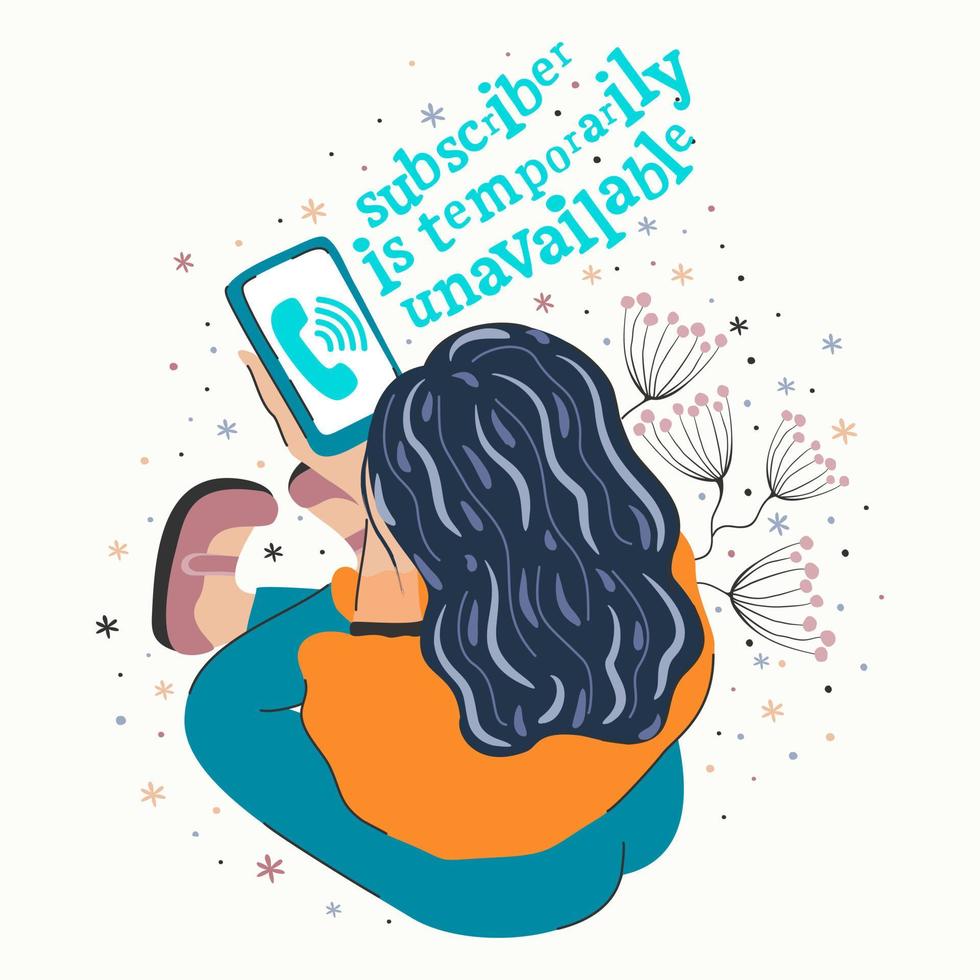 ilustración vectorial de una niña sentada en el suelo y mirando su smartphone. vector