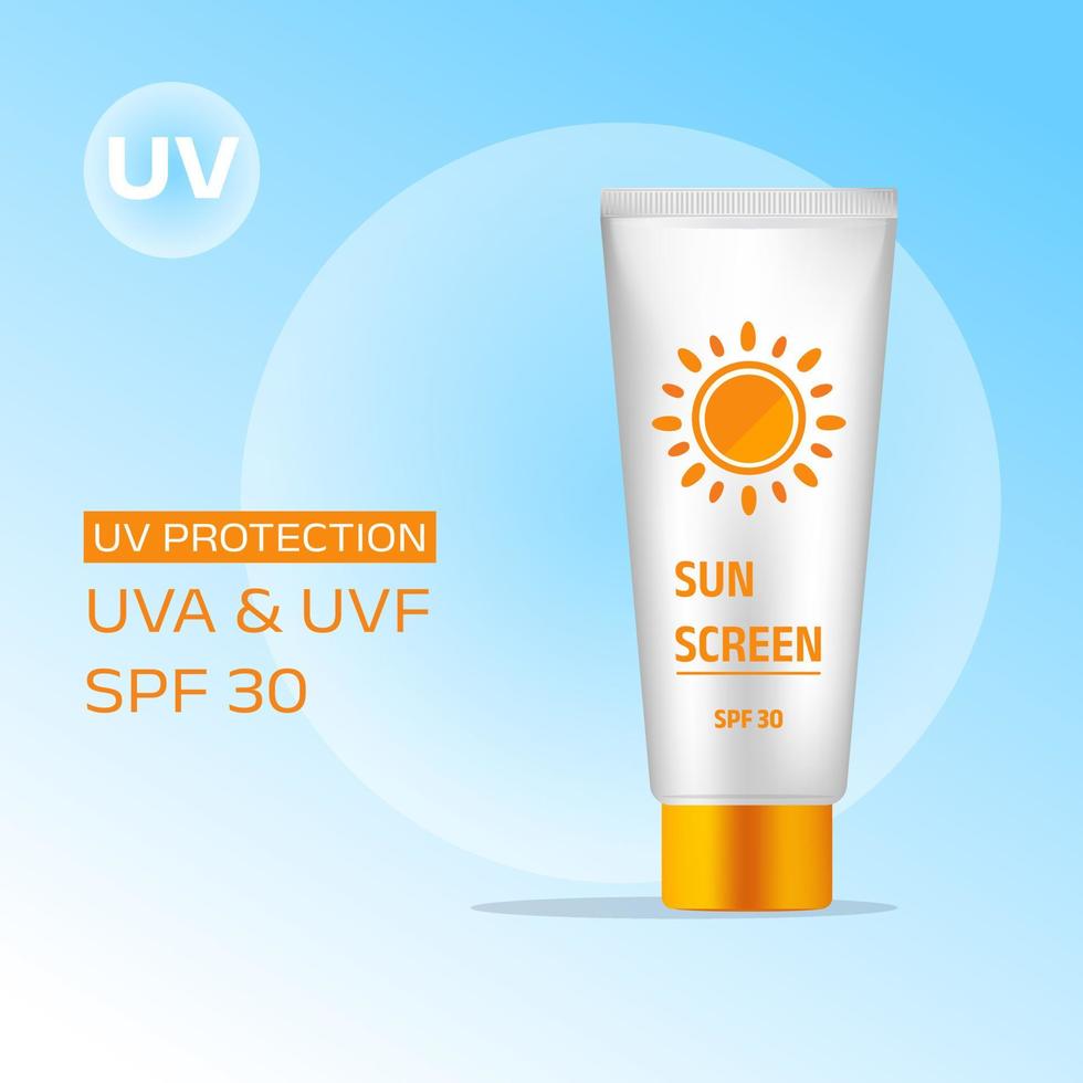 Sunscreen ad poster template. Banner with one tube of sunscreen on blue background. Vector 3d ad illustration for promotion of summer goods.