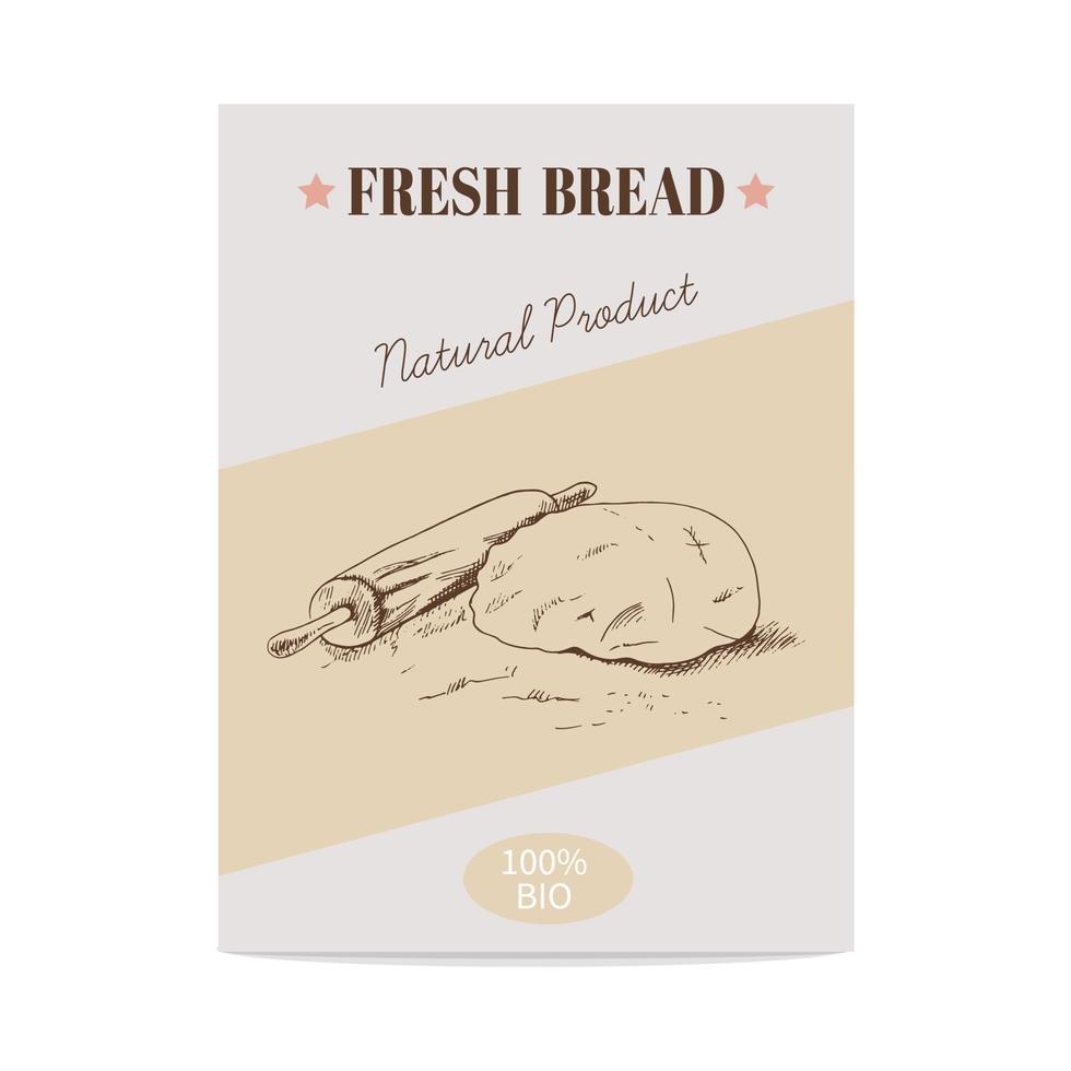 Vector hand drawn sketch poster of dough, rolling pin and flour. Bread illustration.  Icons and elements for print, labels, packaging.