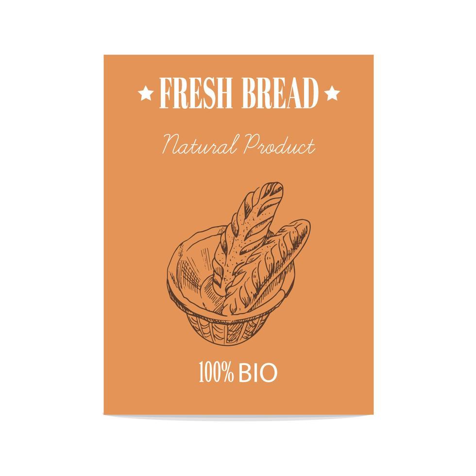 Vector hand drawn sketch poster of wicker basket with baguettes. Bread illustration.  Icons and elements for print, labels, packaging.