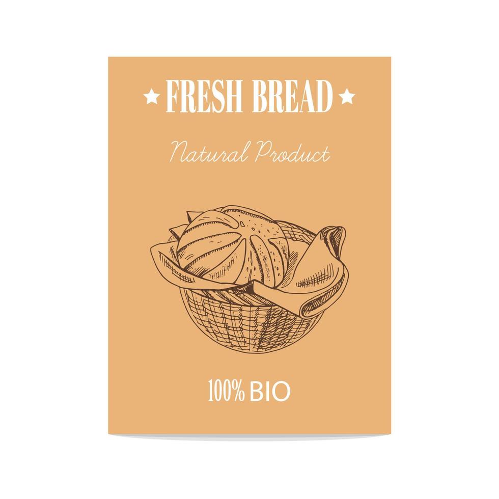 Vector hand drawn sketch wicker basket with loaf of bread poster. Bread illustration.  Icons and elements for print, labels, packaging.
