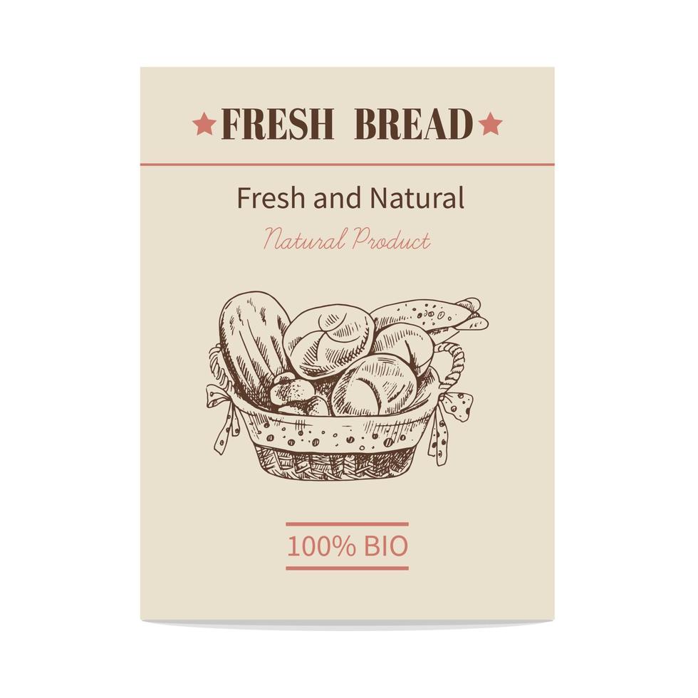 cartel de boceto dibujado a mano vectorial de cesta de mimbre con pan. ilustración de comida ecológica. iconos y elementos para impresión, etiquetas, embalaje. vector