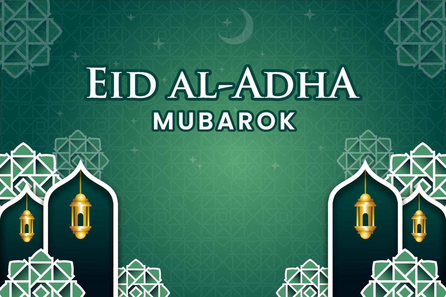 Eid al-Adha banner template vector design with Islamic green background and mosque, flowers