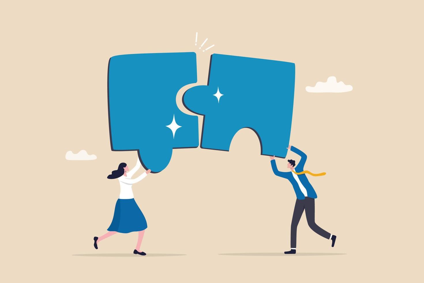 Partnership working together for success, friendship or connection to help solve problem, teamwork or unity to cooperate and overcome challenge, businessman and woman partner connect jigsaw puzzle. vector