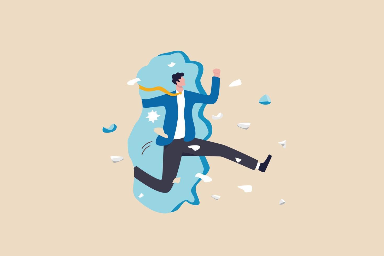 Courage and motivation to breakthrough the wall, obstacle or problem, challenge to escape from safe zone and achieve success concept, confidence businessman jump to breakthrough the wall for freedom. vector