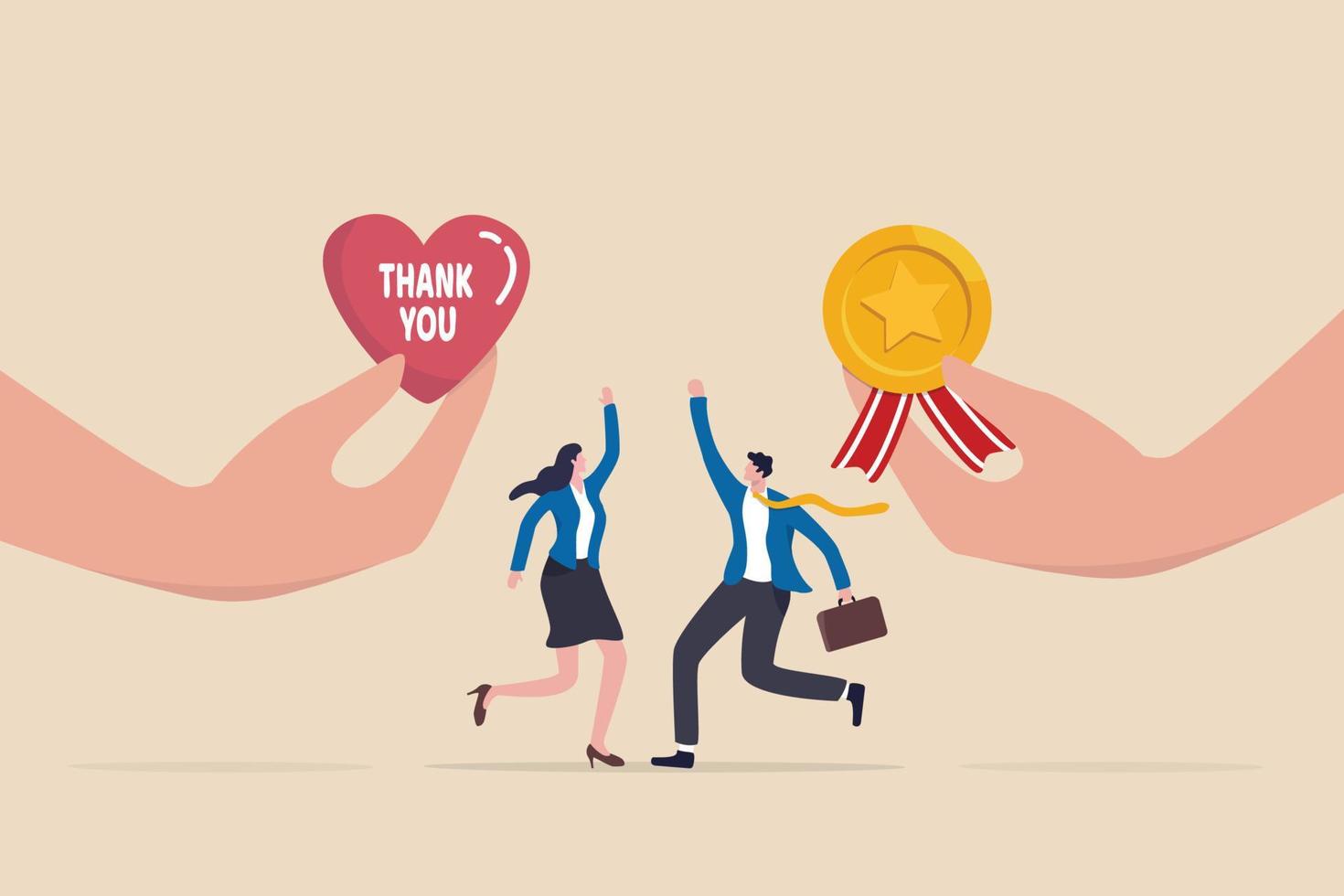 Employee appreciation, giving thank you or recognition award to best employees, gratitude or grateful support, thankful concept, businessman hand giving heart with thank you and reward to employees. vector