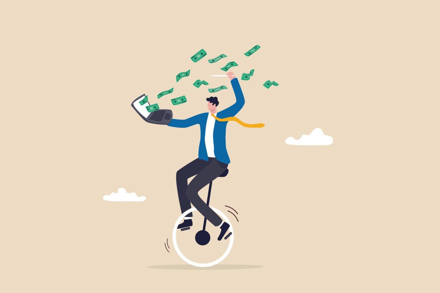 Make money online, earning form online investment or computer crypto trading, affiliate marketing or e-commerce sales concept, businessman expertise riding unicycle making money from computer laptop. vector