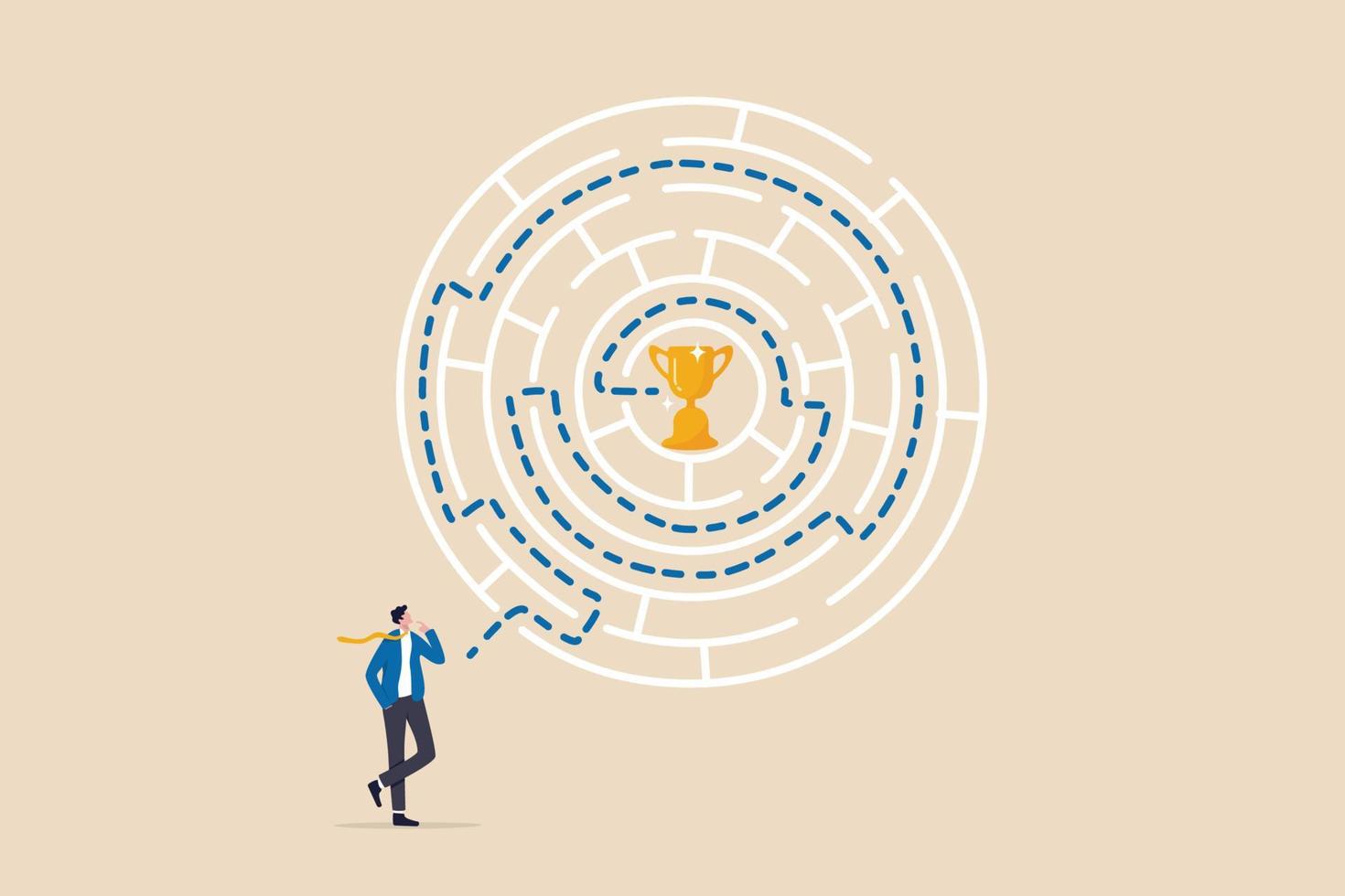 Path to success, challenge to find the way to achieve target or goal and win trophy, solve problem or business decision concept, contemplation businessman finding the way in labyrinth to reach target. vector