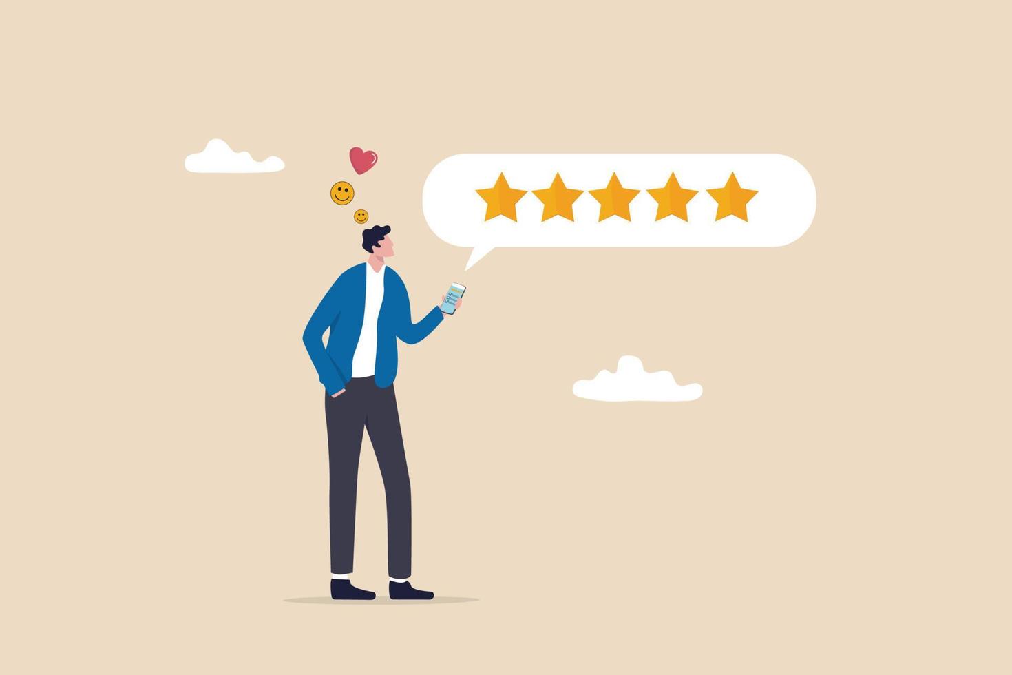Customer feedback from mobile application, rating or user experience, scoring and satisfaction, product quality and online survey concept, satisfied man holding mobile giving 5 stars rating feedback. vector