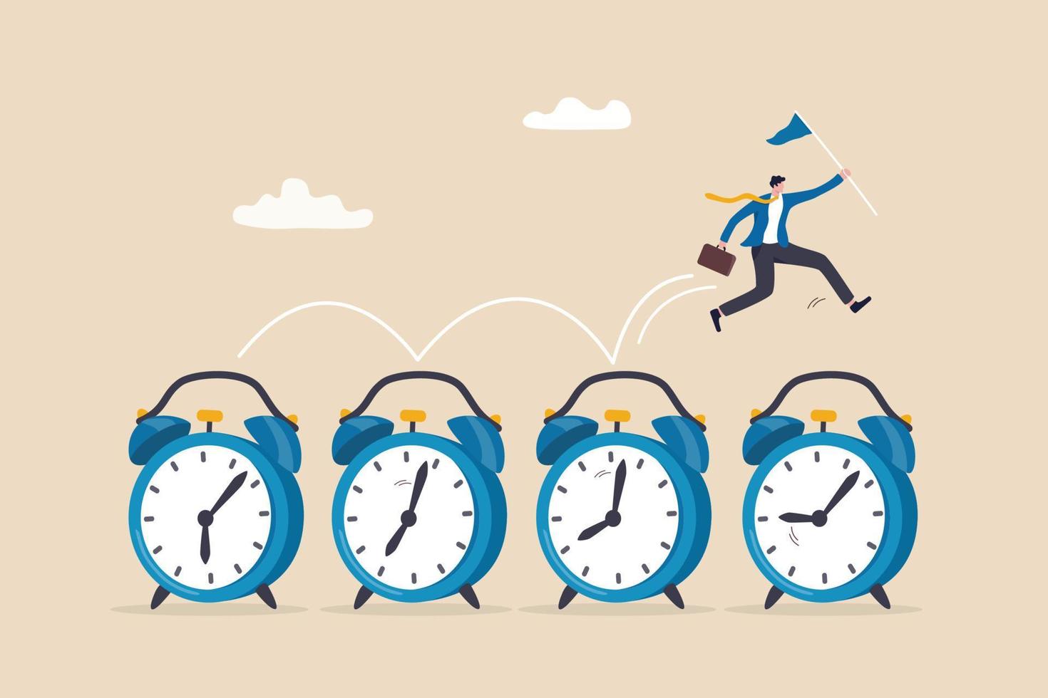 Time management, procrastination or work productivity, finish project within deadline, work efficiency or planning, fast pace project concept, businessman expert jumping on time passing alarm clock. vector
