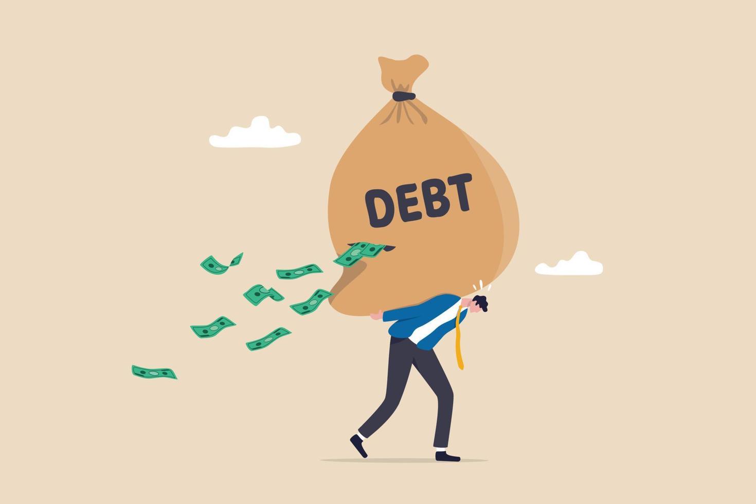 Debt burden, financial obligation or loan payment, heavy load of money failure, mortgage or borrowing money problem concept, tried businessman carrying big debt money bag losing money banknotes. vector