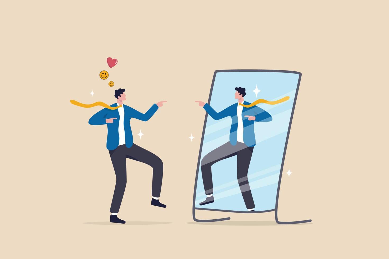 Self acceptance, love and respect yourself, key to success, confidence and positive thinking, attitude or mindset for leader concept, confidence businessman appreciate his self reflection on mirror. vector