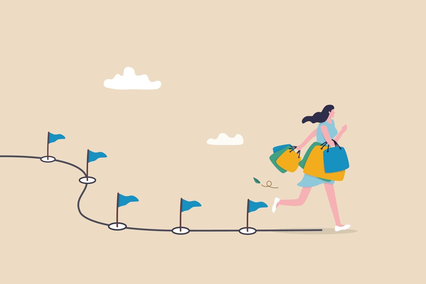 Customer journey, advertising and marketing analysis from search until purchasing or buy, consumer or user experience concept, happy woman shopper walking with purchased shopping bags on the journey. vector