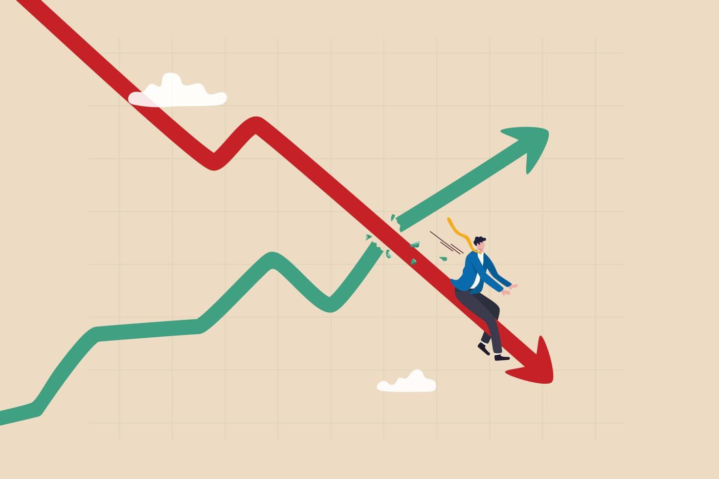 Stagflation, economic slow down or recession while inflation high up, GDP growth decrease causing by unemployment concept, fearful businessman riding fall down economic graph with inflation high up. vector