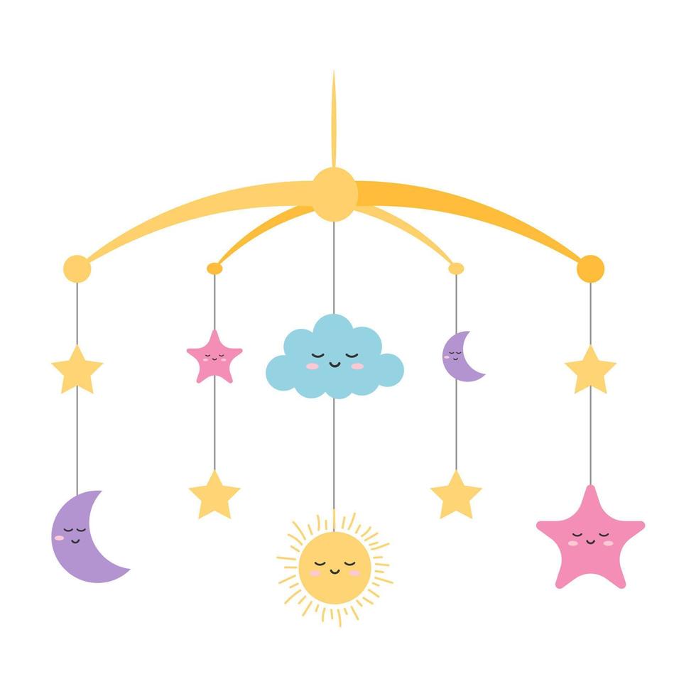 Newborn pendant, bed and bedroom decoration. Clouds, stars, sun, moon. Vector illustration.