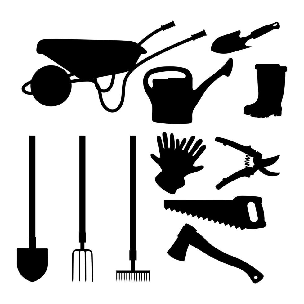 Set of garden tools silhouettes icons. Vector illustration.