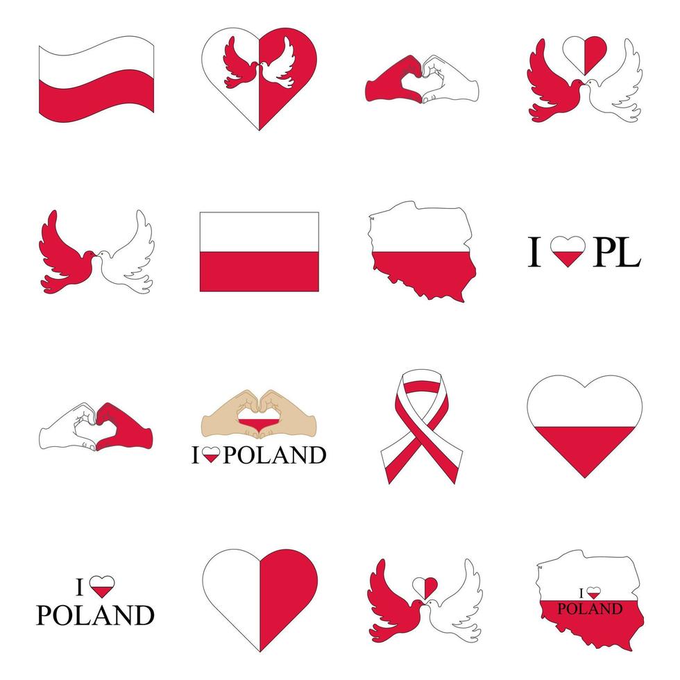 Set of state symbols of Poland coat of arms flag map dove ribbon heart. Vector illustration.