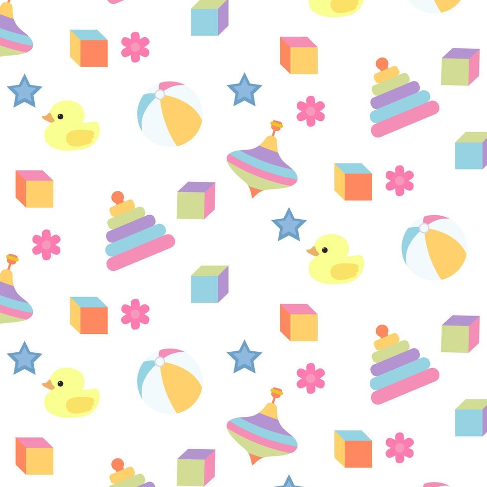 Baby toys seamless pattern. Duck, ball, pyramid, cube, top. Vector illustration.