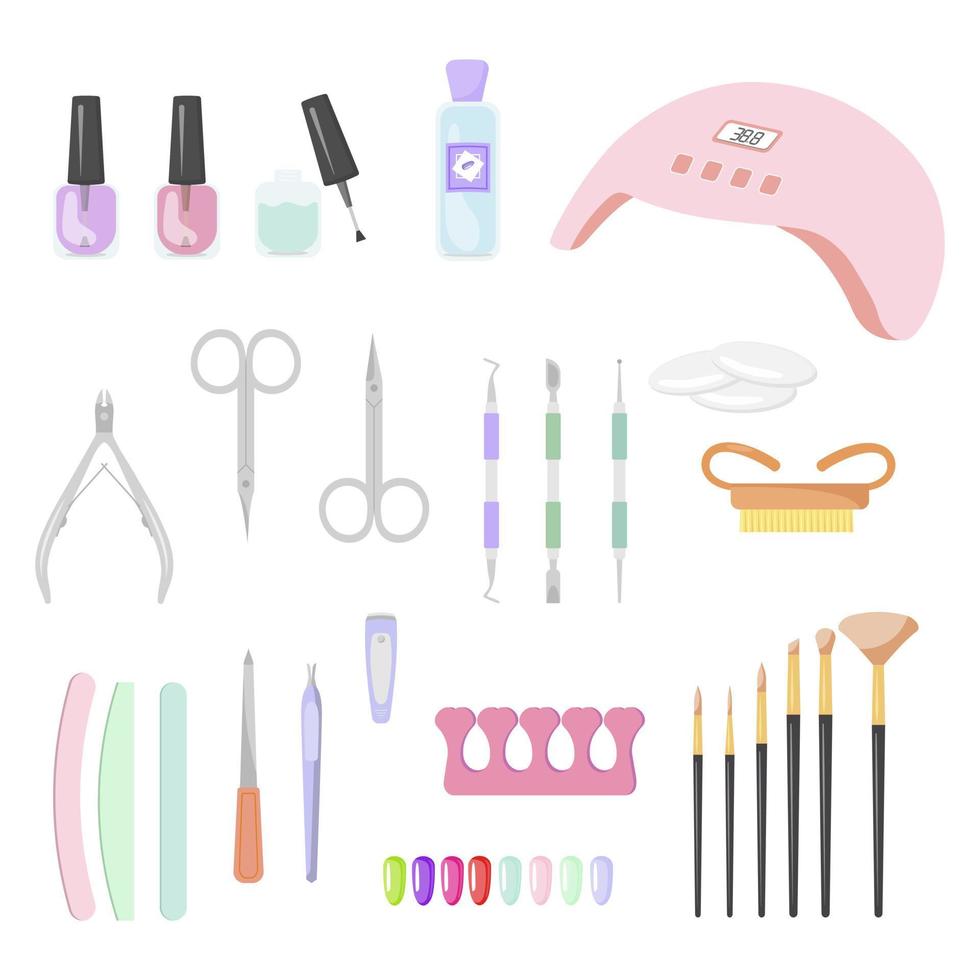 Set of tools for manicure. Varnish, scissors, nail file, scraper, wire cutters. Vector illustration.