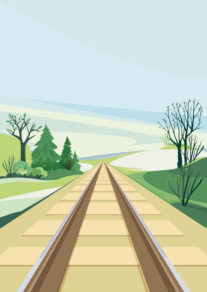 ferrocarril en temporada de primavera. escena al aire libre en formato de retrato. vector