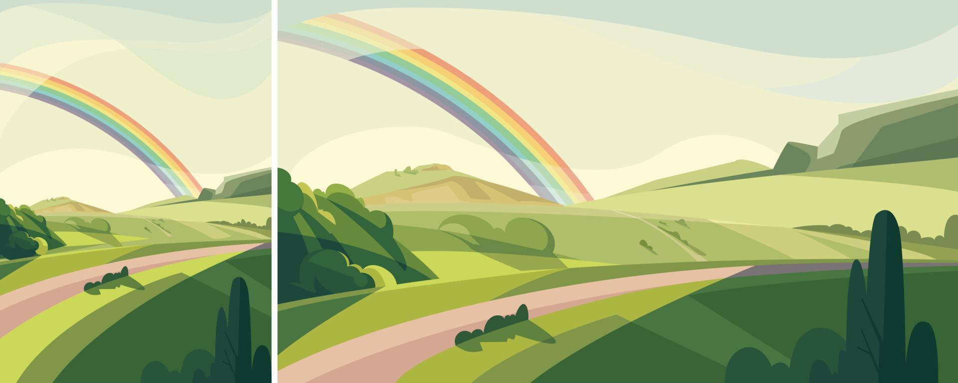 paisaje con colinas y arco iris. paisajes naturales en diferentes formatos. vector