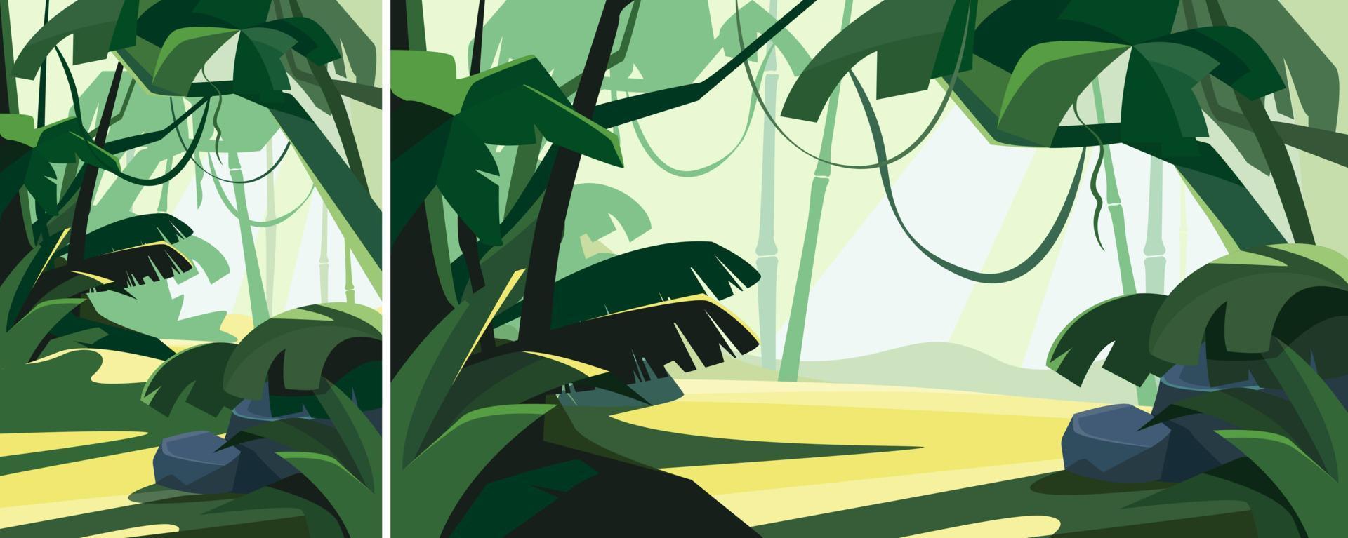 bosque tropical al amanecer. paisajes naturales en diferentes formatos. vector