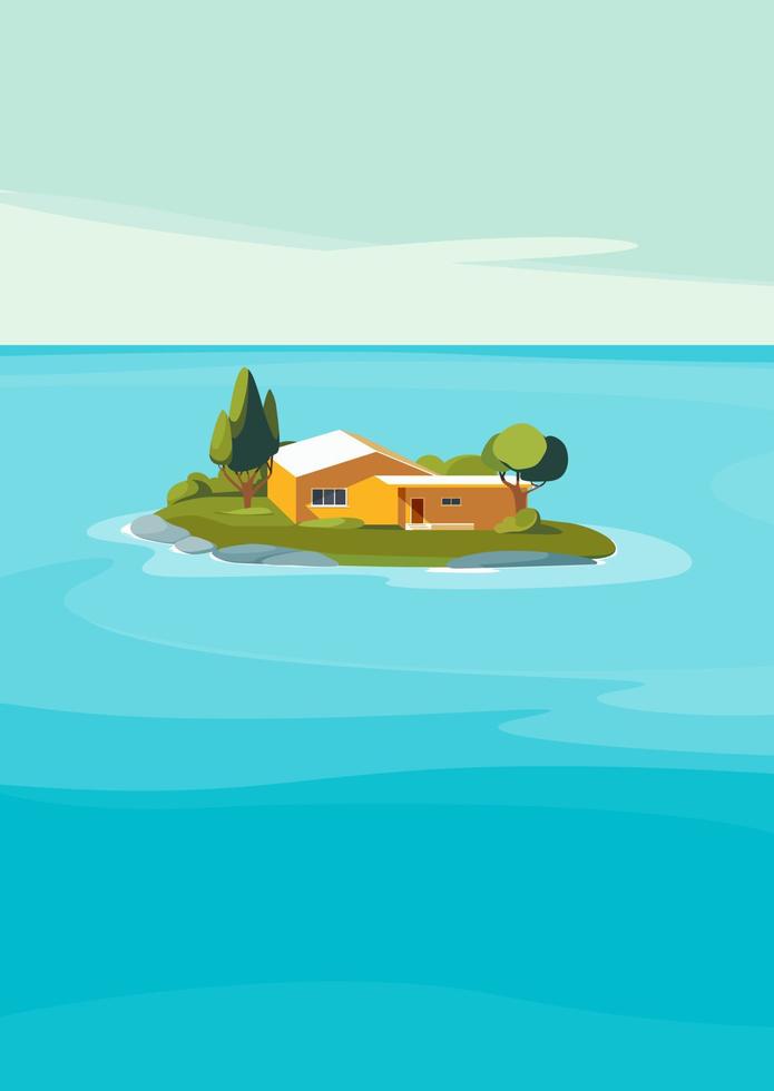 Seascape with orange house on island. Natural landscape in vertical format. vector