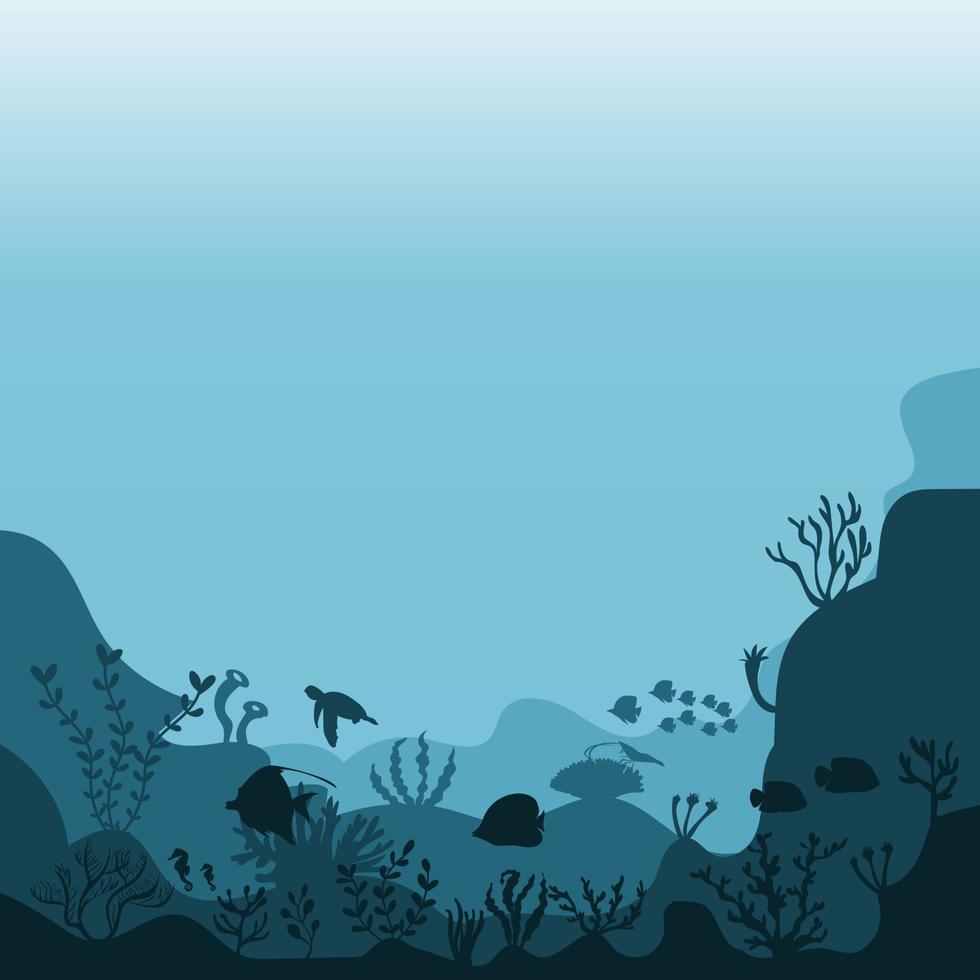 silhouette of coral reef with fish and divers on blue sea background underwater vector illustration