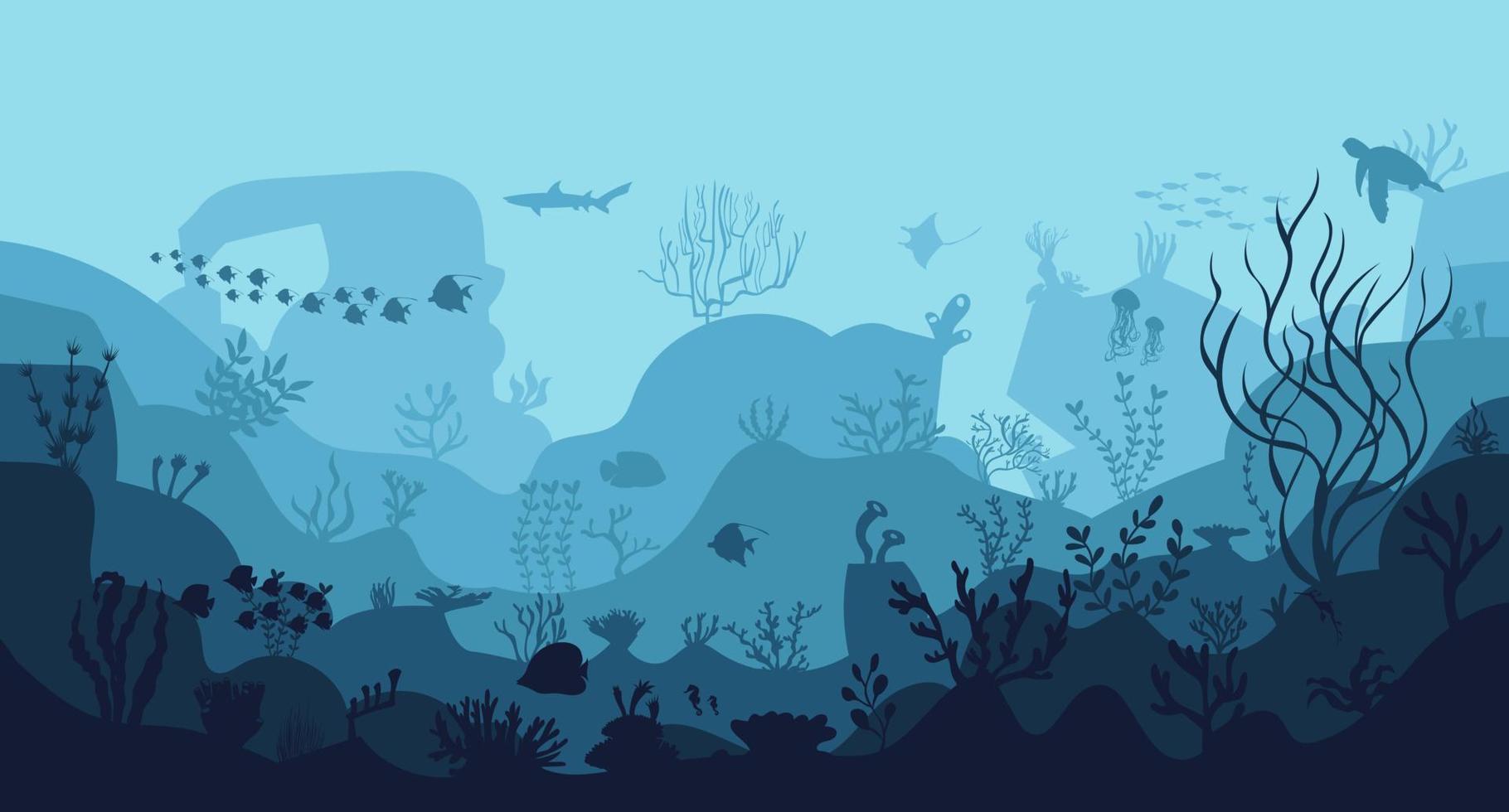 silueta de arrecife de coral con peces y buzos en el fondo azul del mar ilustración vectorial submarina vector