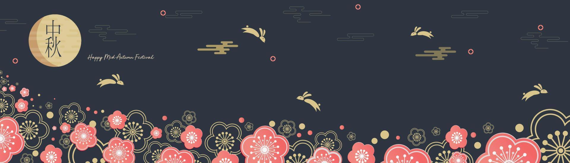 Mid-Autumn Festival. Jumping hares. Chuseok, Chinese translation Mid-Autumn. Vector banner, background and poster